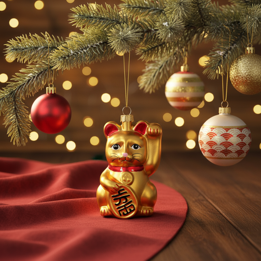Boule de Noël Chat Chanceux Doré – vue produit 4