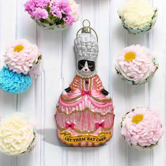 Weihnachtskugel Katze Tuxedo Marie Antoinette „Let Them Eat“
