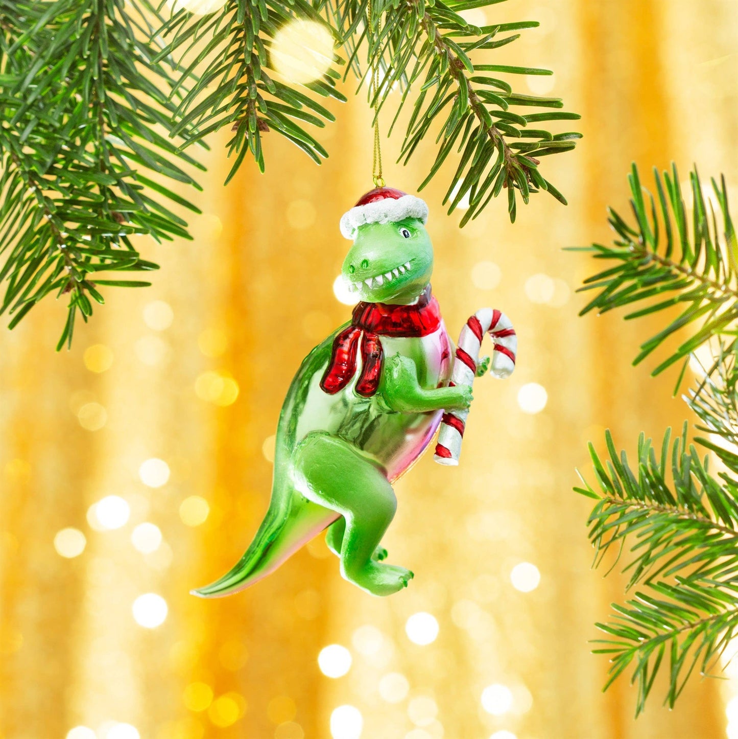 T-Rex-Weihnachtskugel mit Zuckerstange