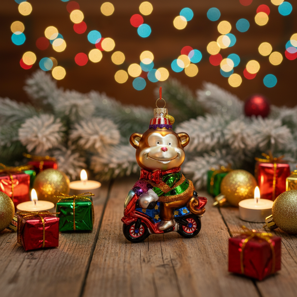 Weihnachtskugel Zirkus-Affe auf Motorrad