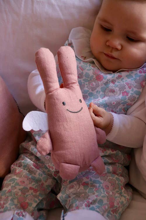 Ange Lapin Doudou  avec Hochet - Coton Bio Rose