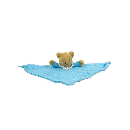 Ours Triangle Doudou avec Hochet- Coton Bio Bleu Ciel