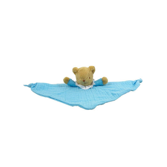 Ours Triangle Doudou avec Hochet- Coton Bio Bleu Ciel