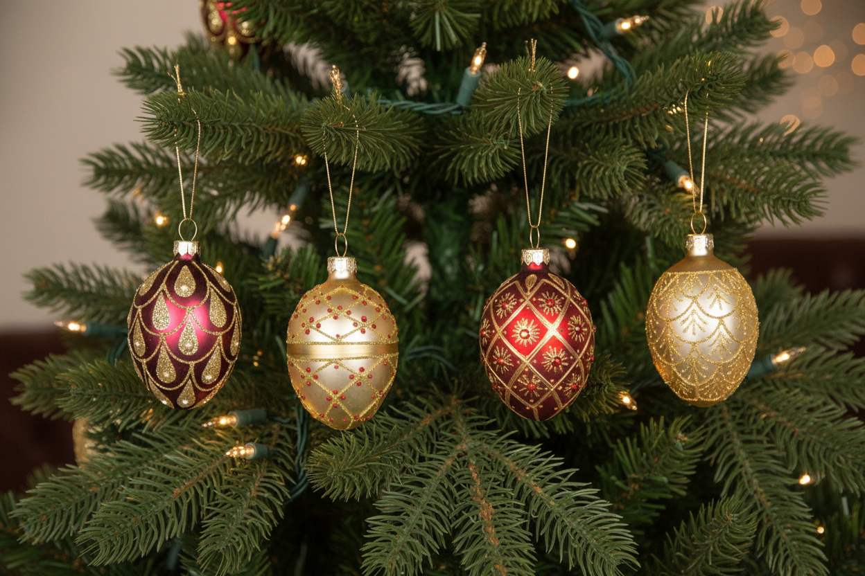 Set of 4 red and gold oval Christmas baubles