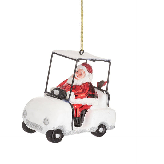 Christbaumkugel: Weihnachtsmann im Golfcart