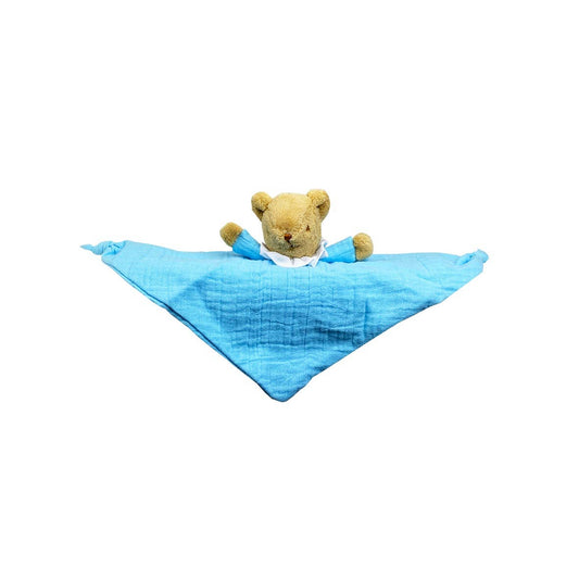 Ours Triangle Doudou avec Hochet- Coton Bio Bleu Ciel