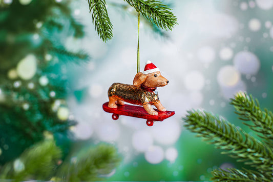 Weihnachtskugel Dackel auf Skateboard