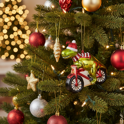 Boule de Noël dinosaure sur un vélo