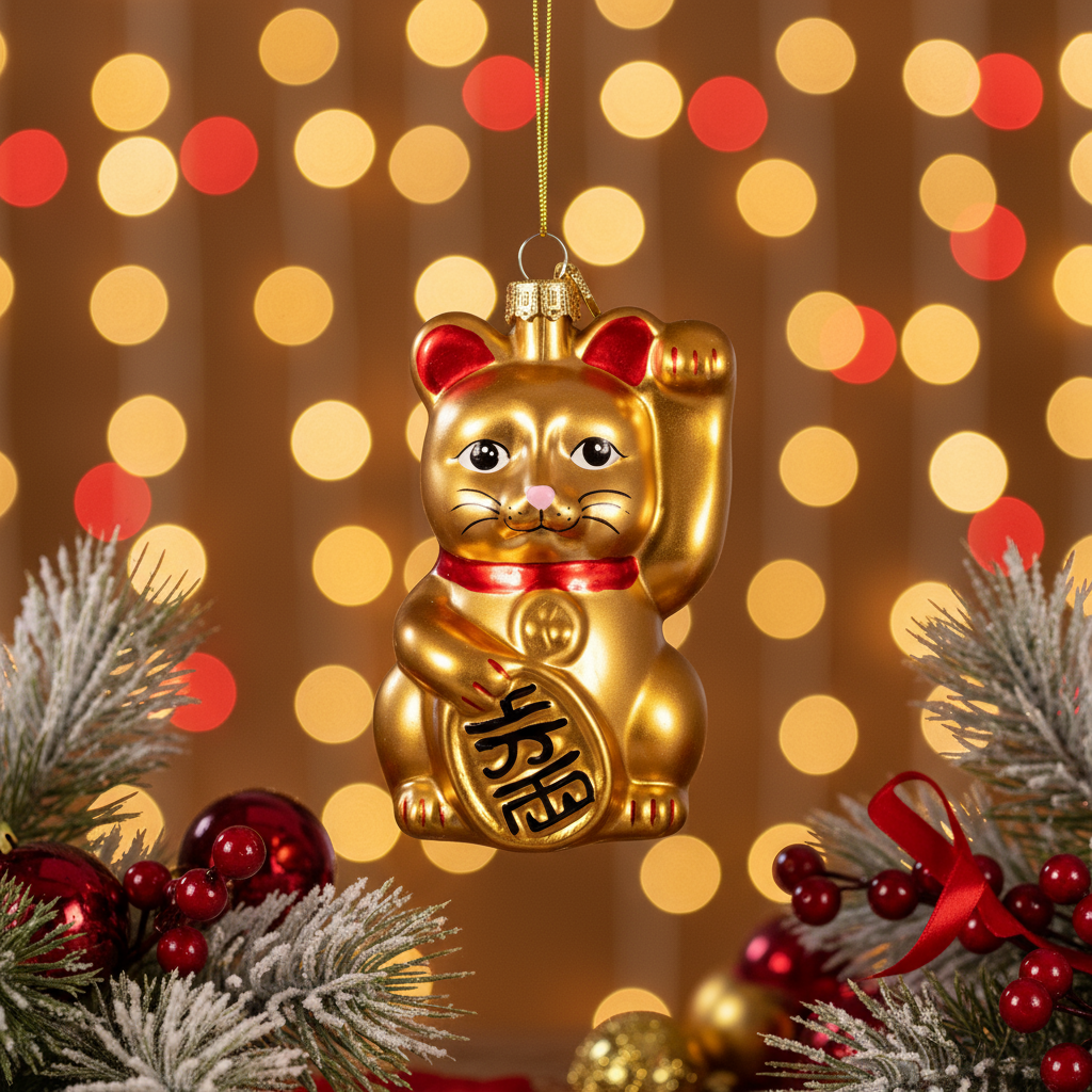 Glückskatze Weihnachtskugel Gold