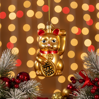 Glückskatze Weihnachtskugel Gold