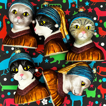 Girl with a Pearl Earring Tuxedo Cat Christmas Ornament