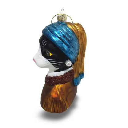 Girl with a Pearl Earring Tuxedo Cat Christmas Ornament
