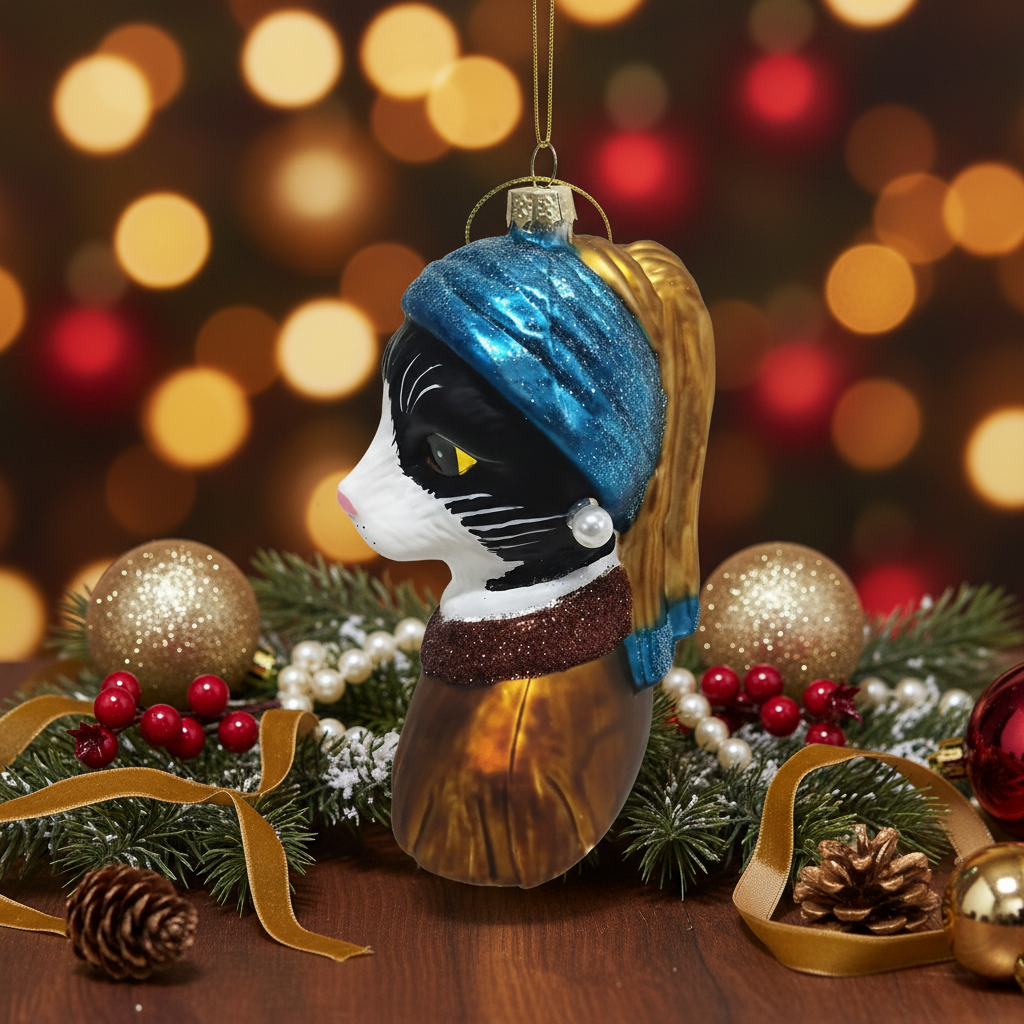 Girl with a Pearl Earring Tuxedo Cat Christmas Ornament