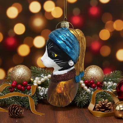 Girl with a Pearl Earring Tuxedo Cat Christmas Ornament