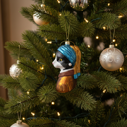 Girl with a Pearl Earring Tuxedo Cat Christmas Ornament