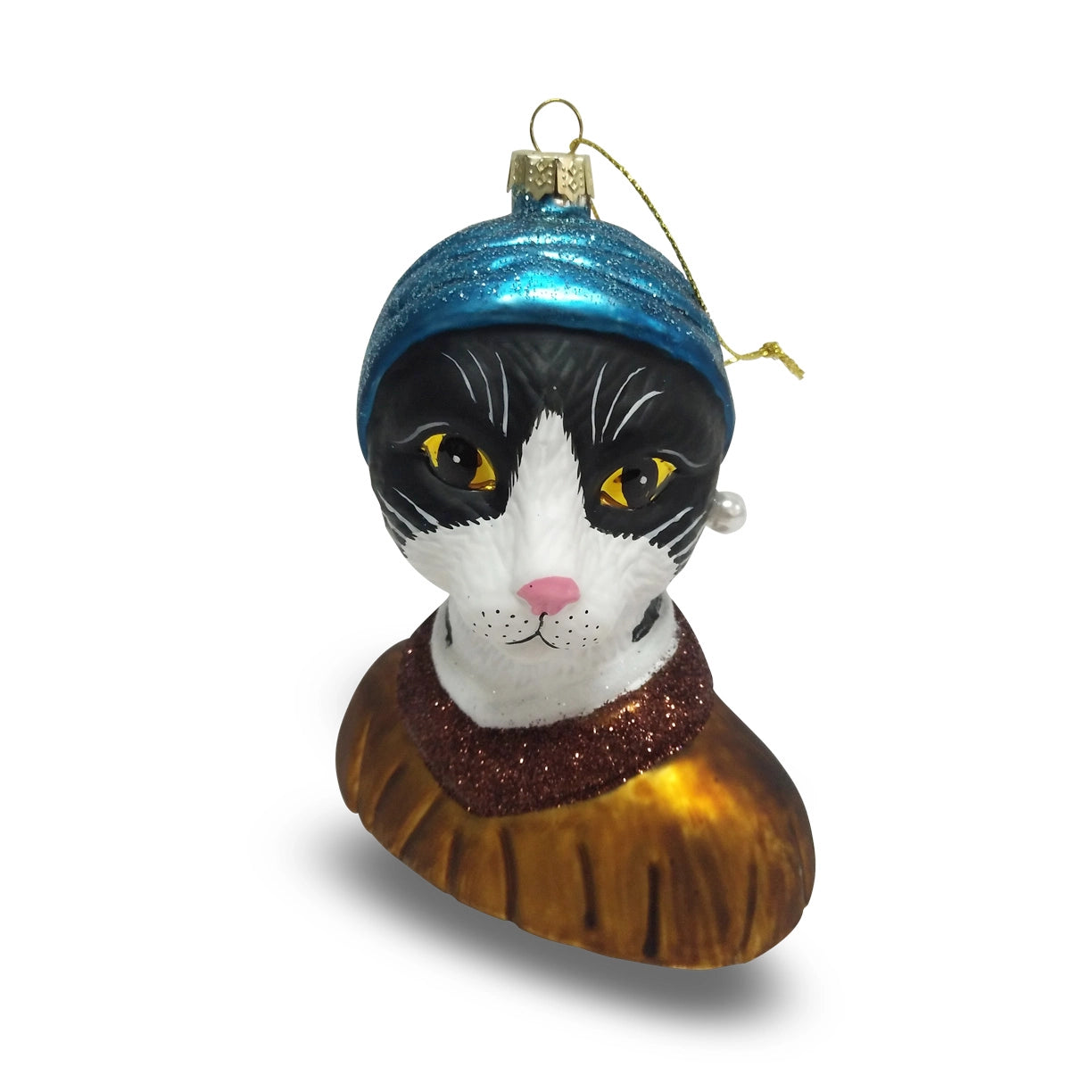 Girl with a Pearl Earring Tuxedo Cat Christmas Ornament