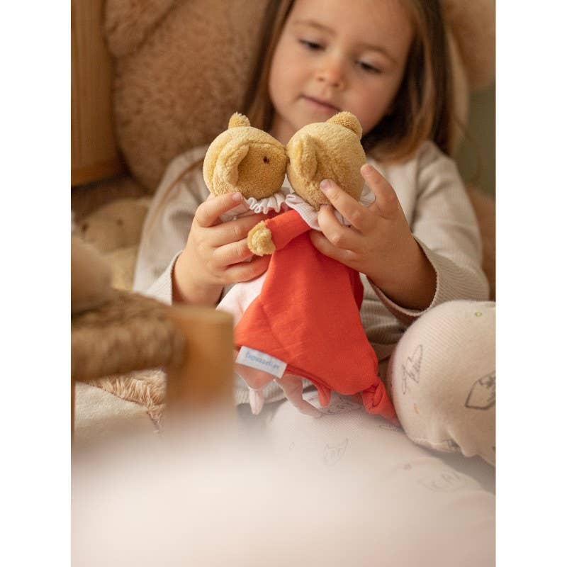 Ours Triangle Doudou Avec Hochet  - Coton Bio Corail
