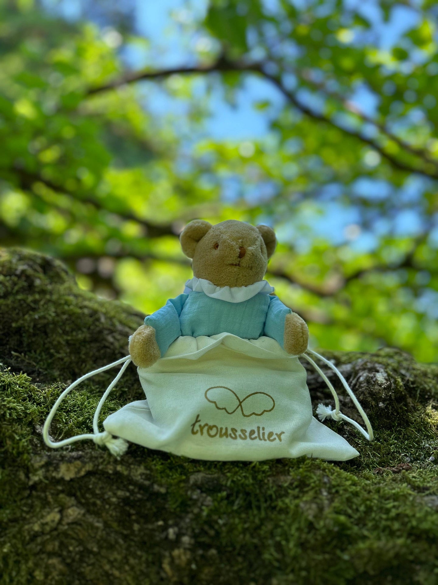 Ours Nid d'Ange Doudou Hochet - Coton Bio Bleu Ciel