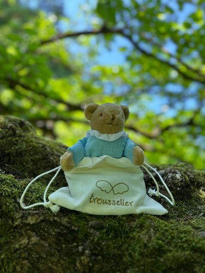 Ours Nid d'Ange Doudou Hochet - Coton Bio Bleu Ciel