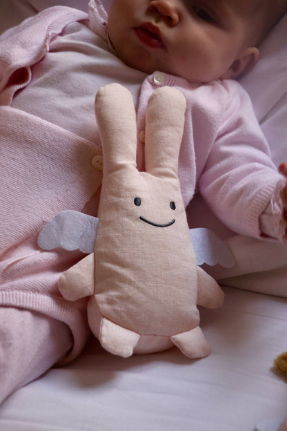 Ange Lapin Doudou avec Hochet - Coton Bio Rose