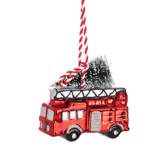 Weihnachtskugel Feuerwehrwagen mit Tanne